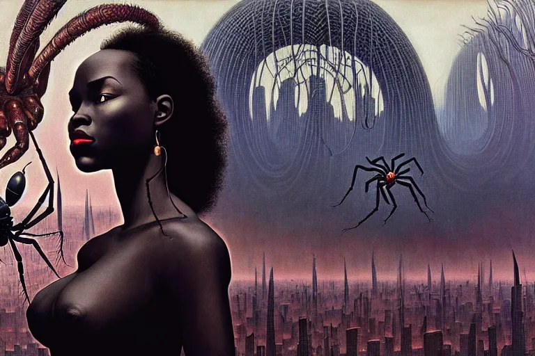 Image similar to realistic detailed portrait movie shot of a beautiful black woman with a giant spider, dystopian city landscape background by denis villeneuve, amano, yves tanguy, alphonse mucha, max ernst, kehinde wiley, jean delville, david lynch, roger dean, cyber necklace, rich moody colours, sci fi patterns, dramatic, wide angle