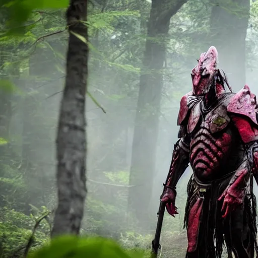 Image similar to High fantasy Yautja in the forests plains of north yorkshire, 4k, Predator Movie, dragon inspired armor