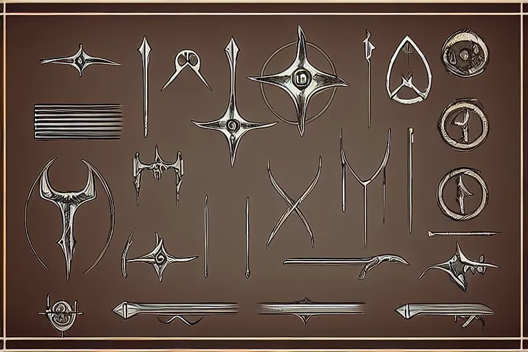 Prompt: illustration of design sheet of various necromancy tools, occult