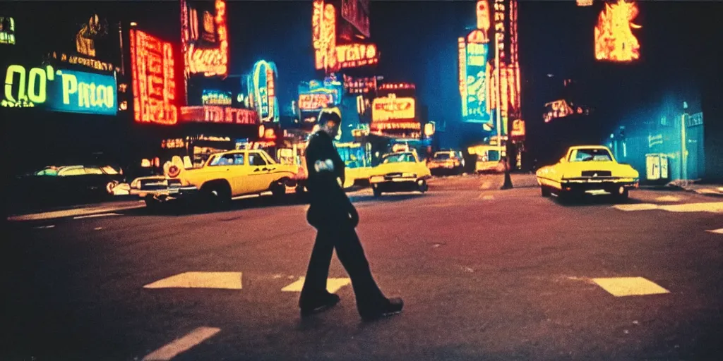 Image similar to 8 0 s polaroid photo, cinema still from movie taxi driver, robert de niro watching night streets, neon signs, colorful haze, americana, high production value, 8 k resolution, hyperrealistic, photorealistic, high definition, high details, tehnicolor, award - winning photography, masterpiece, amazing colors