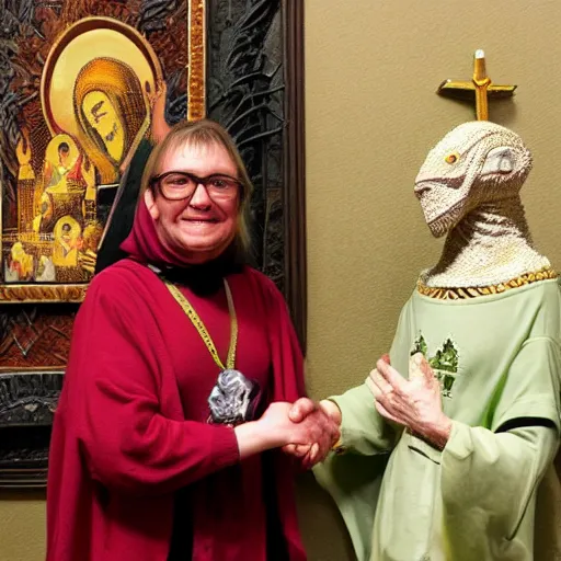 Prompt: A scary lizard person shaking hands with a religious icon, horror