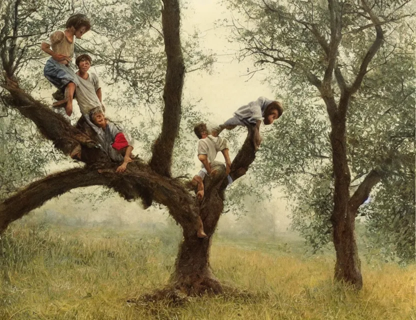 Image similar to two peasant boys climbing a tree, country style, Low angle view, Cottage core, Cinematic focus, Polaroid photo, vintage, neutral colors, soft lights, foggy, by Steve Hanks, by Serov Valentin, by lisa yuskavage, by Andrei Tarkovsky, by Terrence Malick, 8k render, detailed, oil on canvas High angle view, wide shot