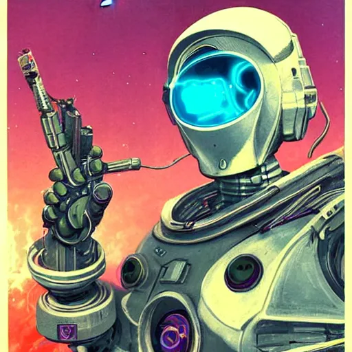 Image similar to a robot hunter from bloodborne in a hat on a space station, retrofuturism, faded color, for 1 9 7 0 s'sci - fi, by malcolm smith