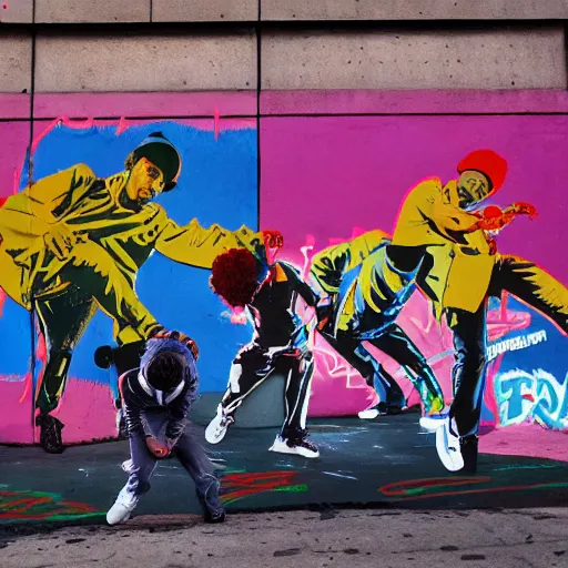 Image similar to four breakdancers battling in the bronx in 1984, by Andy Warhol, gritty, energetic, hyperrealistic, intricate graffiti, Moody lightning, trending on artstation
