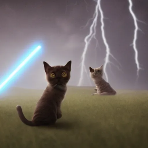 Image similar to film still of jedi cats lightsaber fighting in a texas thunderstorm, 4 k