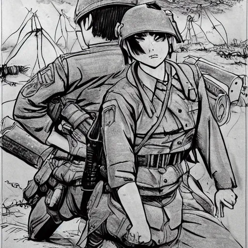 Image similar to manga style, thick line art, portrait of girl, under artillery fire, trench sandbags in background, soldier clothing, short hair, hair down, symmetrical facial features, marvel comic, detailed drawing, cartoonish, trending in japan, by professional artist masashi kishimoto and naoki urasaw