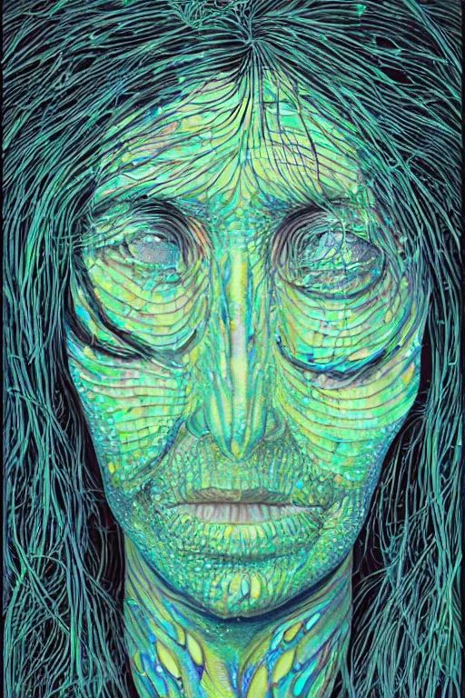 Image similar to dark underwater portrait of one bioluminescent old woman, with cracked reaction diffusion semi - transparent skin. multicolored fish scales, face closeup. long intricate dark hair. good face proportions. with many jellyfishes. very high detail, illustration, by alex grey and ilya kuvshinov