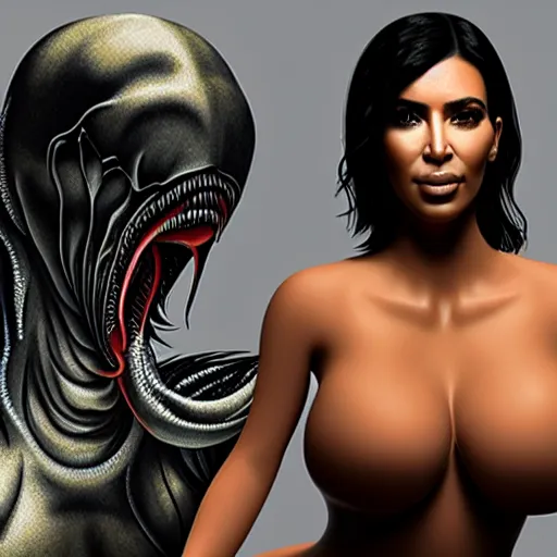 Image similar to kim kardashian being licked menacingly by an xenomorph, highly detailed, photorealistic, slime, saliva, artstation, smooth