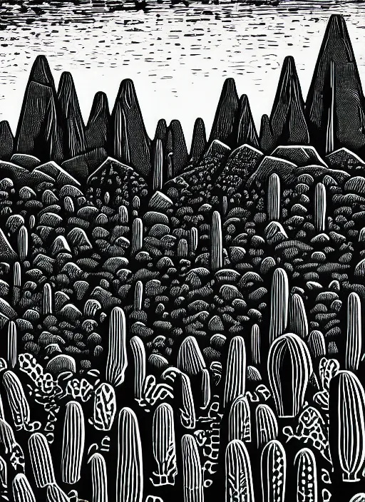 Prompt: art by linocut boy, a beautiful black ink linocut print of the cactus forest of baja mexico, white paper, 8 k, frostbite 3 engine, cryengine, ground level shot, dof, trending on artstation, digital art, crepuscular ray