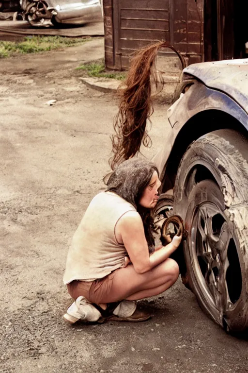Prompt: A bodouir photo of a beautiful woman with brown hair changing a tire, by Annie Lebovitz and Steve McCurry, grungy, weathered Ultra detailed, hyper realistic, 4k