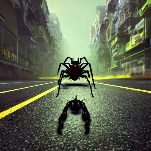 Image similar to a beautiful high - quality photo of a humongous spider walking through a solarpunk city, roads, pavements, trees, cosmic horror, unknowable, volumetric lighting, hyperrealistic, very detailed, 8 k