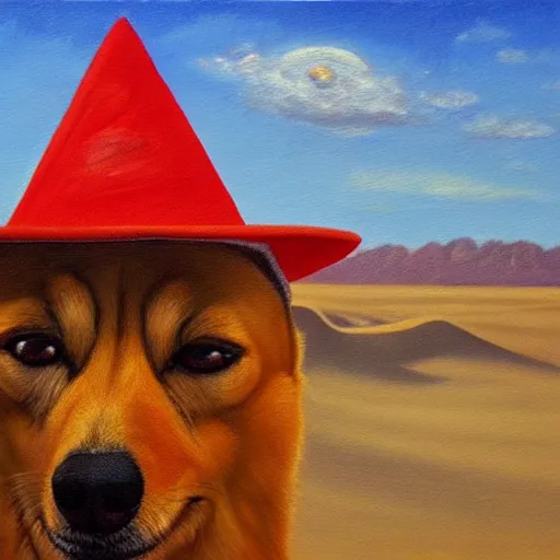 Image similar to Oil painting of a doge wearing a sombrero and a red neckerchief in the desert