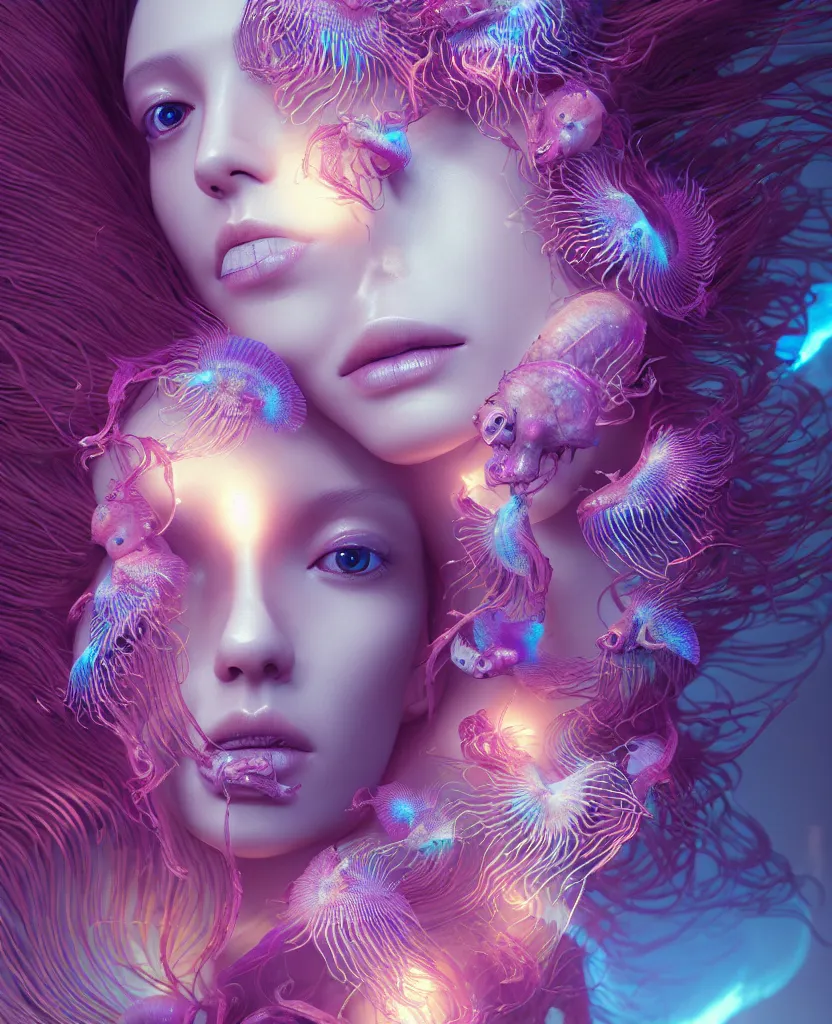 Image similar to goddess close-up portrait. orchid jellyfish phoenix head, nautilus, skull, betta fish, bioluminiscent creatures, intricate artwork by Tooth Wu and wlop and beeple. octane render, trending on artstation, greg rutkowski very coherent symmetrical artwork. cinematic, hyper realism, high detail, octane render, 8k