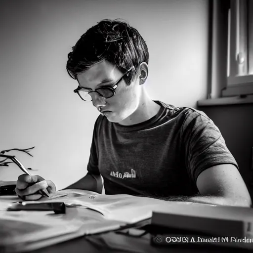 Prompt: Ethan Smith writing his next guide, (EOS 5DS R, ISO100, f/8, 1/125, 84mm, postprocessed, aesthetic, facial features)