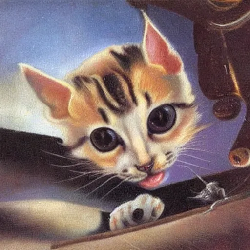 Image similar to an oil painting of a kitten by salvador dali