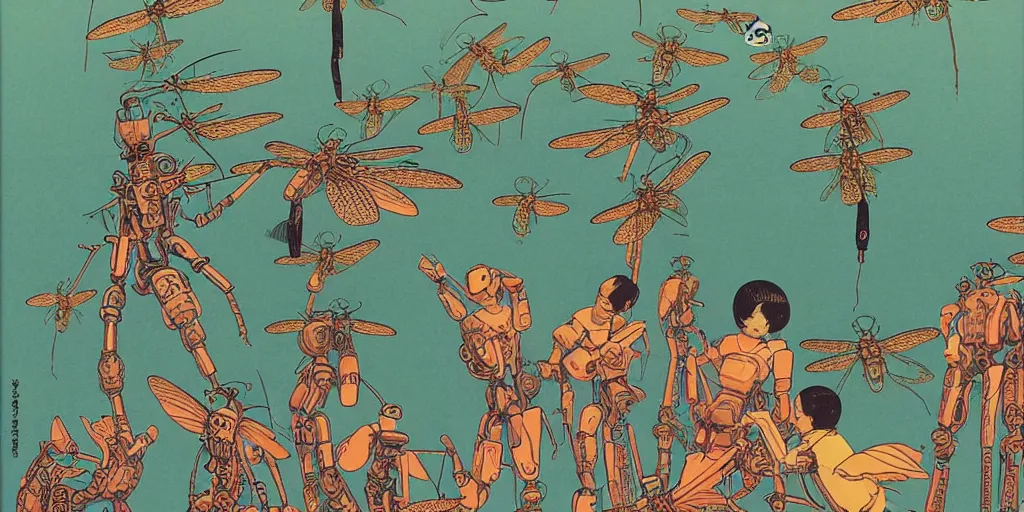 Prompt: gigantic robotic dragonflies with human faces catch tiny robots, a lot of exotic plants around, human heads everywhere, risograph by kawase hasui, edward hopper, satoshi kon and moebius, no text!, colorful flat surreal design, super - detailed, a lot of tiny details, fullshot