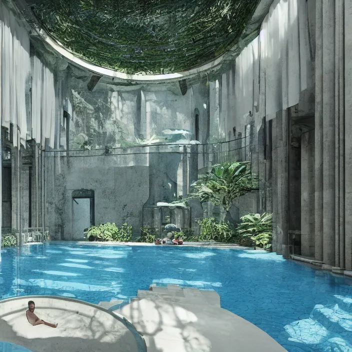 Prompt: a room with a pool in the middle of it, a digital rendering by ricardo bofill, featured on cg society, hypermodernism, vray tracing, rendered in unreal engine, liminal space