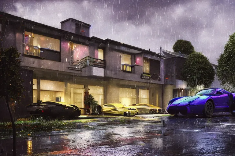 Prompt: cyberpunk, an estate agent listing photo, external view of a detached city house in the UK, it's night time, raining, sports car, by Paul Lehr, highly detailed, photorealistic, unreal engine, 8k, anamorphic, cinestill cinematrography