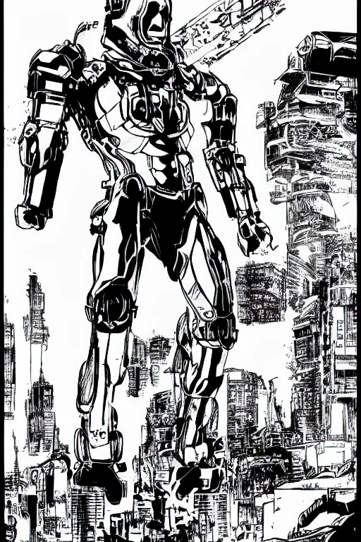 Image similar to ultron standing heroically, a page from cyberpunk 2 0 2 0, style of paolo parente, style of mike jackson, 1 9 9 0 s comic book style, white background, ink drawing, black and white