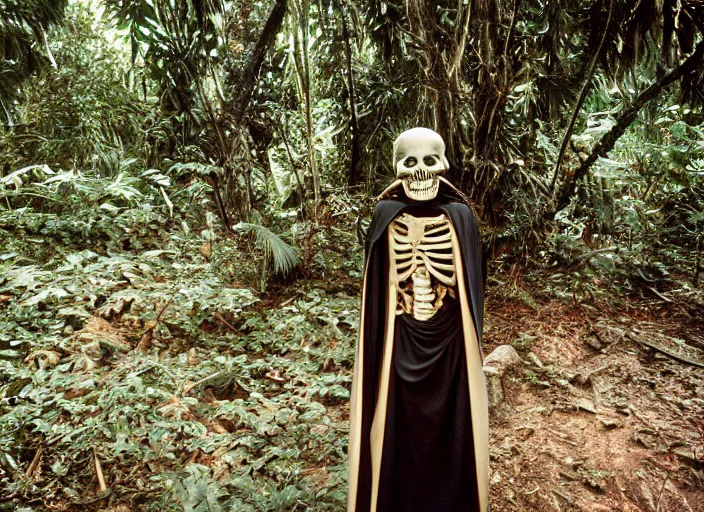 Prompt: screenshot portrait of skeleton in a jedi robe. outside the jedi temple in the jungle. Thriller directed by stanley kubrick, Photographed with Leica Summilux-M 24 mm lens, ISO 100, f/8, Portra 400