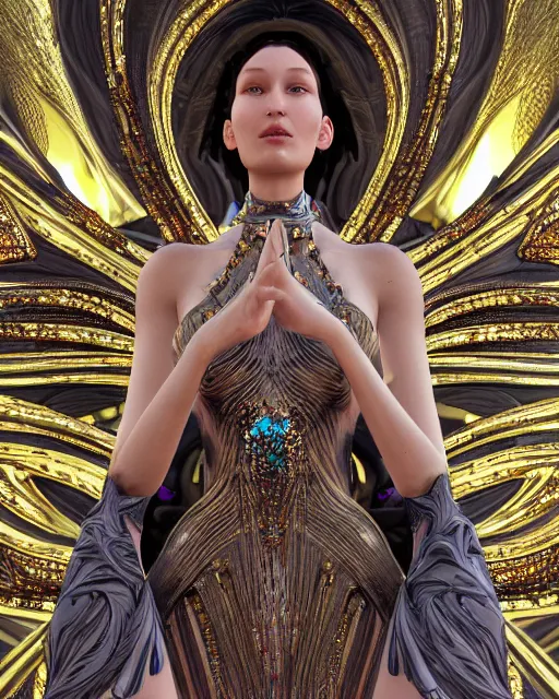 Image similar to a highly detailed metahuman 4 k close up render of an alien goddess bella hadid monument renaissance in iris van herpen dress schiaparelli in diamonds crystals swarovski and jewelry iridescent in style of alphonse mucha gustav klimt trending on artstation made in unreal engine 4