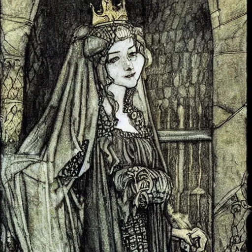 Image similar to beautiful young medieval queen by arthur rackham