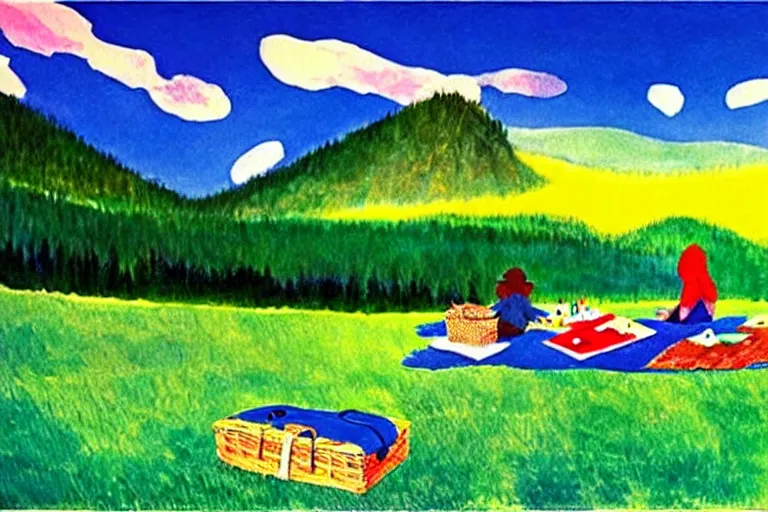 Image similar to ( ( ( ( ( ( ( a beautiful picnic scene in the rocky mountains ) ) ) ) ) ) ) by eric carle!!!!!!!!!!!!!!! detailed,