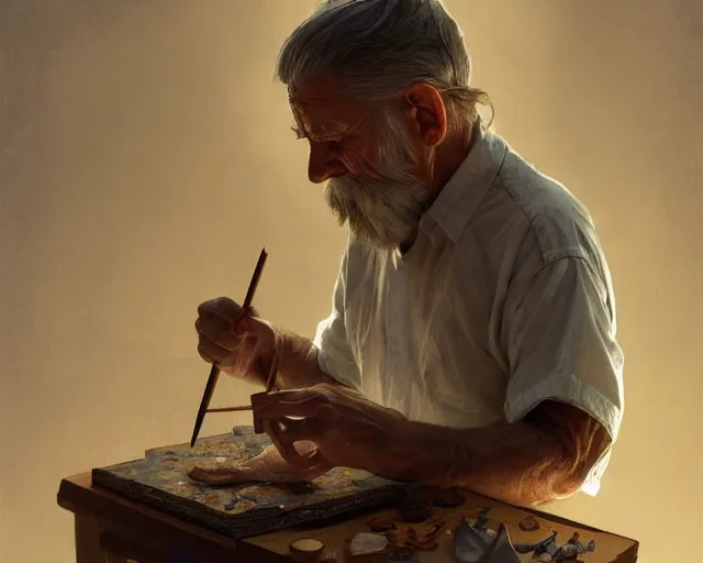 Image similar to a tired old man painting a wooden doll, deep focus, d & d, fantasy, intricate, elegant, highly detailed, digital painting, artstation, concept art, matte, sharp focus, illustration, hearthstone, art by artgerm and greg rutkowski and alphonse mucha