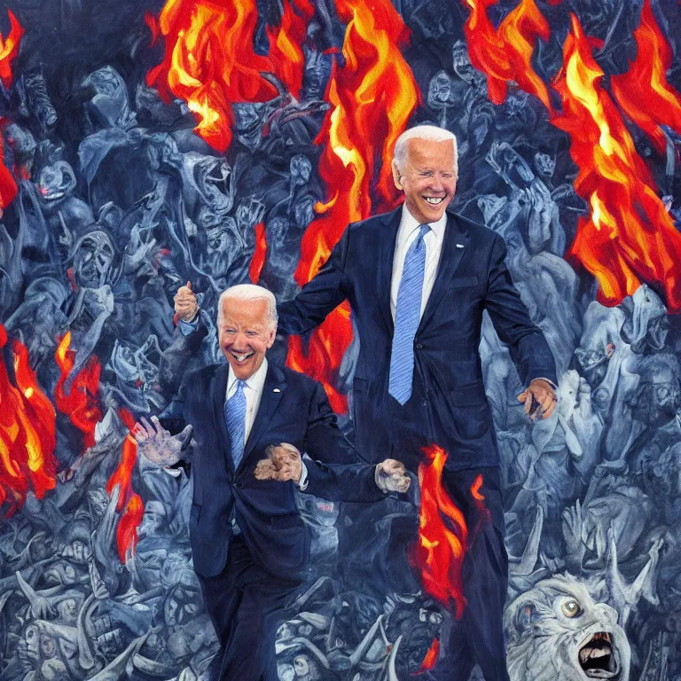 Image similar to Joe Biden in Hell, painting