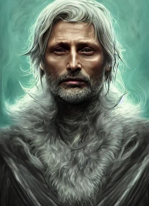 Image similar to Portrait of Mads Mikkelsen as a hexblade warlock aasimar, white glowing eyes, silver shaggy hair, short scruffy beard, cloak, teal ethereal tendril wings, male, fantasy, extremely detailed, digital painting, artstation, concept art, smooth, sharp focus, illustration, stunning lighting, art by artgerm and greg rutkowski and alphonse mucha and simon stalenhag, realistic character concept, high fantasy, light atmosphere, golden ratio, cinematic lighting, hyperdetailed, high resolution, insanely detailed and intricate, artstation, Marc Simonetti, Greg Rutkowski