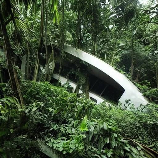 Image similar to old photo overgrown spaceship zaha hadid ruins in jungle