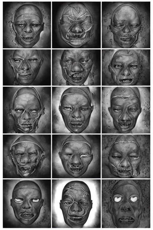 Image similar to african facial anatomy with gunmetal grey skin, medical anatomy, very symmetrical face, highly detailed, three - perspective / three - view reference sheet ( front / back / side ), in the style of dan ouellette, steven jung, amanda lilleston, hr giger, sil from species, dren from splice, mecha, artstation, unreal engine