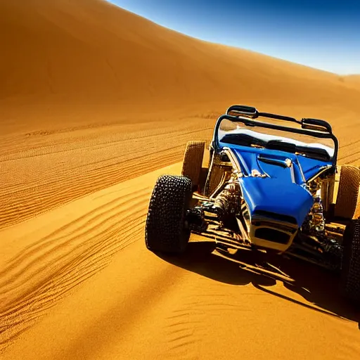 Prompt: realistic dune buggy driving on a dirt road, desert landscape, photograph