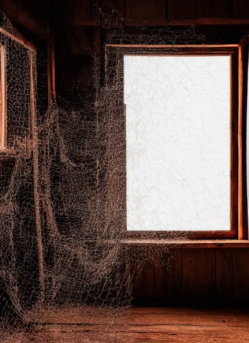 Prompt: a film production still, 2 8 mm, wide shot of a rooster, cabin interior, wooden furniture, cobwebs, spiderwebs, window light illuminates dust in the air, abandoned, depth of field, cinematic