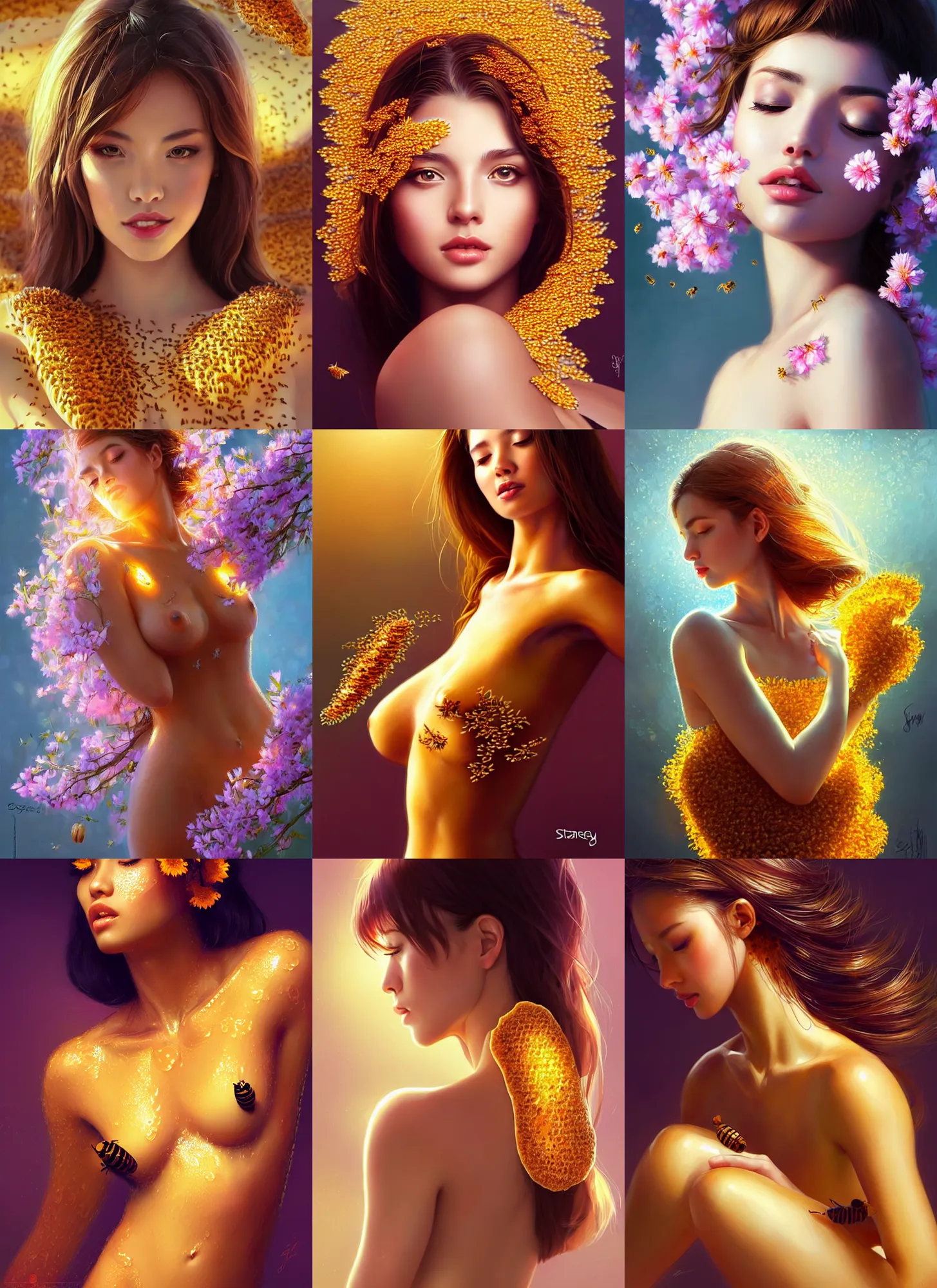 Prompt: gorgeous female covered in honey resting on the petals in the style of stefan kostic, backlit, refracted lighting, elegant, half body shot, 8 k high definition, insanely detailed, intricate, elegant, art by stanley lau, artgerm, wlop, caidychen, kuvshinov ilya,