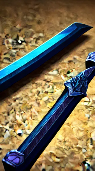 Prompt: blue magical sword with floating runes, concept art trending on artstation, unreal engine render 4 k