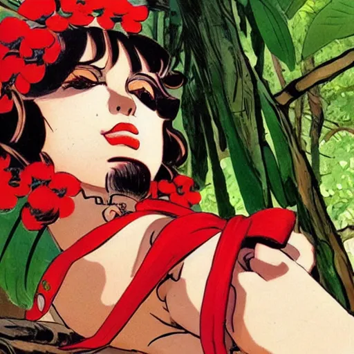 Prompt: a howard chaykin of reimu in the jungle wearing bonnet