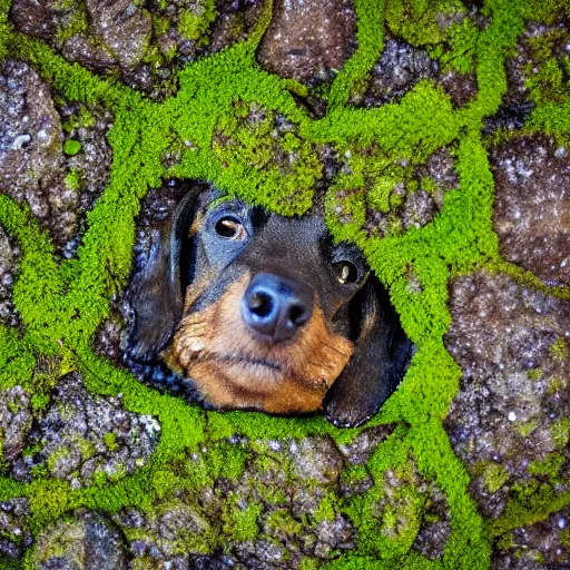 Prompt: rock wall covered with moss. dew droplets forming the shape of a dachshund. macro photography