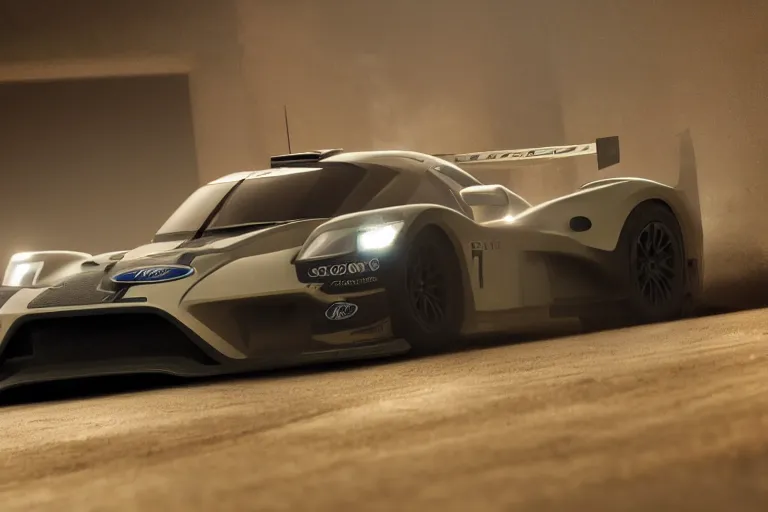 Image similar to Ford Explorer 2022. Ford Explorer GT Le Mans car racing on dimly lit track overcast skies raining headlights illuminating track, volumetric lighting cinematic vray photo muted colors dark cinematic. front side view uncropped centered. artstation trending dramatic harsh lighting low exposure