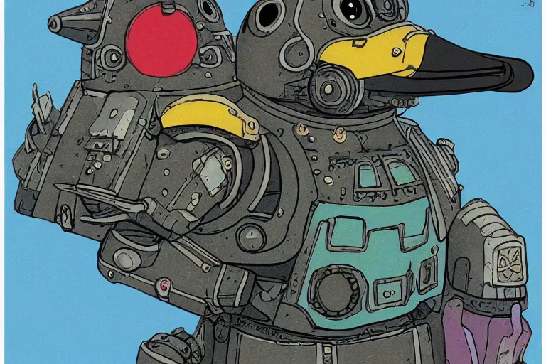 Image similar to illustration of a heavily armoured mechanical duck by studio ghibli, ominous, vivid colors, colorful