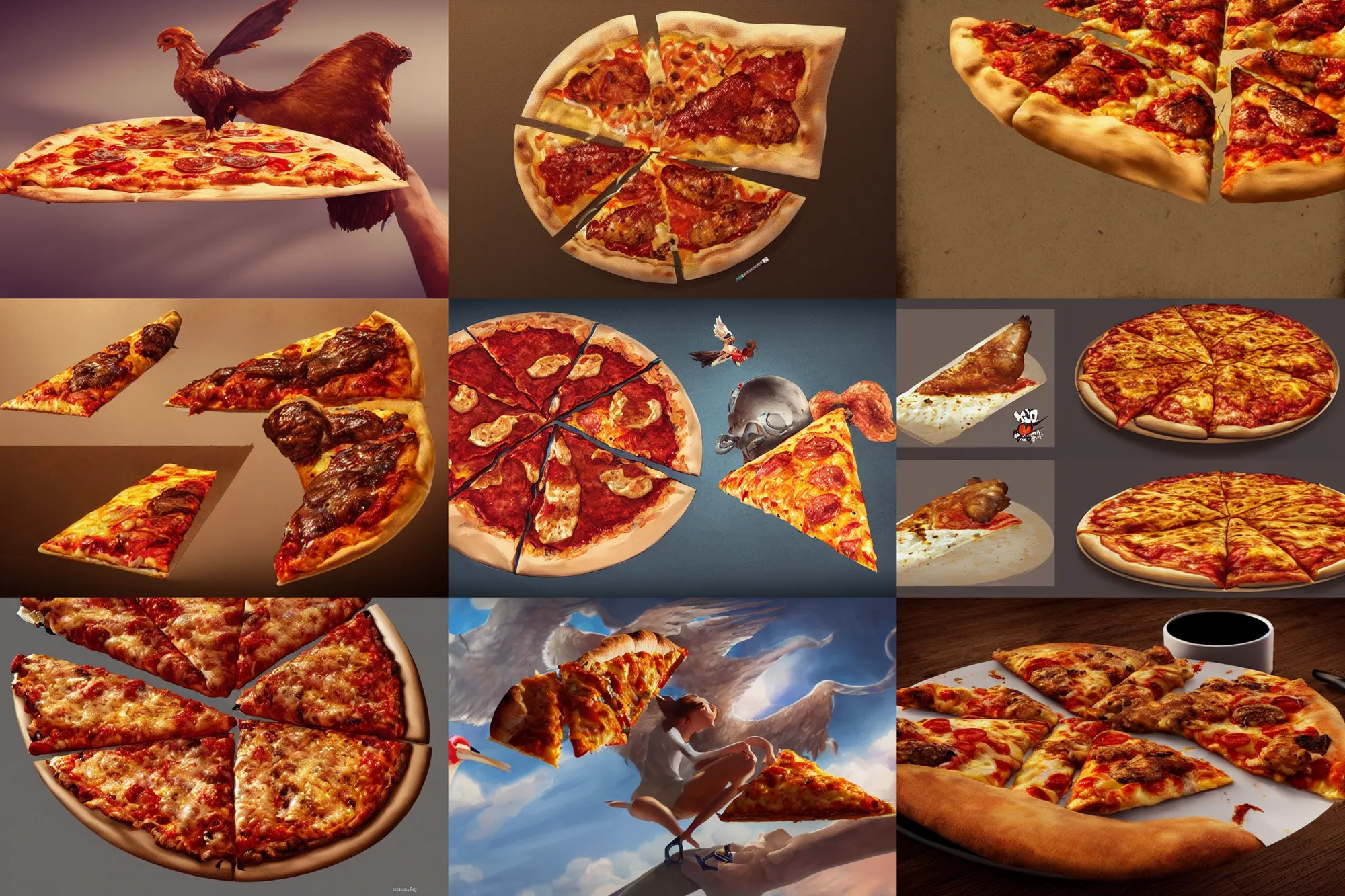 Prompt: Flying piece of pizza with chiken wings, concept art, artstation art, realistic, hd, 4k