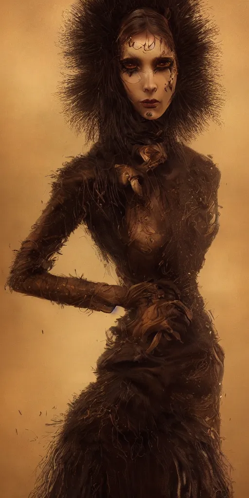 Image similar to a hardcore longshot portrait of a tall dark sombre woman wearing furs in autumn, hyperrealistic, highly detailed, intricate, sci-fi, sharp focus, trending on Artstation HQ, deviantart, unreal engine 5, 4K UHD image, in the style of Tom Bagshaw, Cedric Peyravernay, Peter Mohrbacher