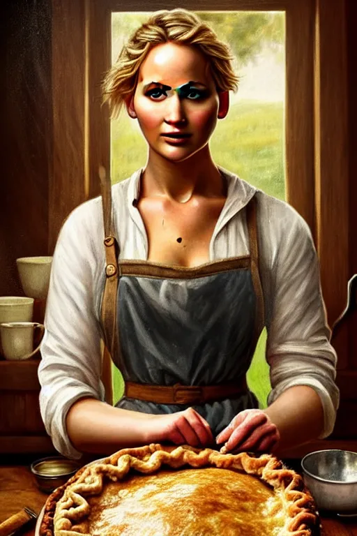 Prompt: romanticism painting of ( ( jennifer lawrence ) ) in a rustic style kitchen, baking apple pie, symmetrical face, beautiful eyes, cottagecore, artstation, 8 k, highly detailed