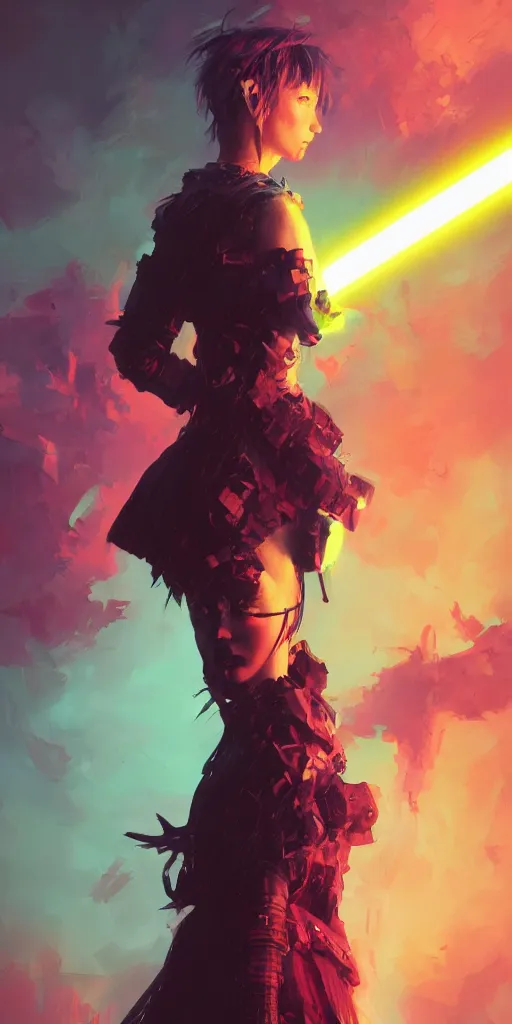 Image similar to A beautiful colorful portrait of a gothic warrior Girl, oil painting, final fantasy, Greg Rutkowski, Ilya Kuvshinov, blade runner, star wars, unreal 5, hyperrealistic, octane render, fullbody , dynamic lighting, fantasy art, Kilian Eng