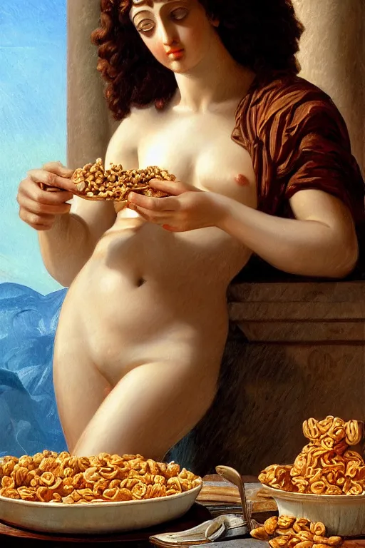 Prompt: greek statue of Aphrodite eating cereal, oil on canvas, intricate, portrait, 8k highly professionally detailed, HDR, CGsociety