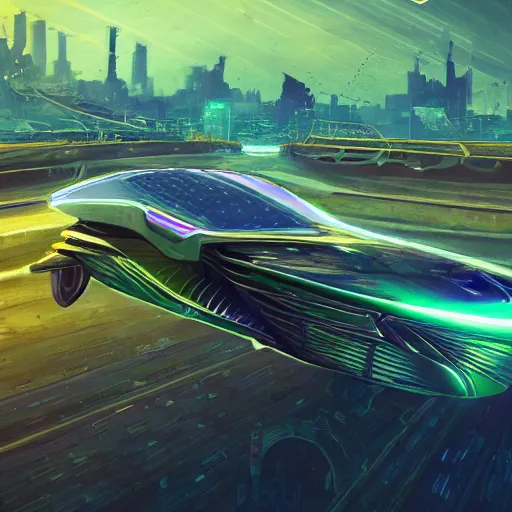 Image similar to solarpunk hovercar, clean energy, green technology, highway, sunny day, futurism, intricate, engines, glow, highly detailed, drone wings, peaceful, utopia, bright, digital painting, artstation, concept art, smooth, sharp focus, epic landscape, art by akihiko yoshida and tim mcburnie and anato finnstark