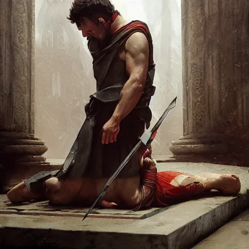 Prompt: brutus, regretting his actions, kneeling over the body of julius caesar, fantasy art by greg rutkowski