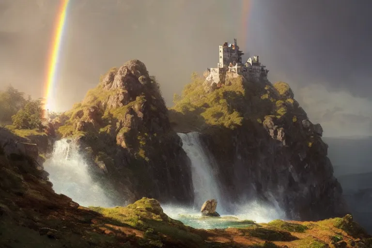 Image similar to castle at the top of a mountain, waterfall below, rainbow, sundown, oil painting by Ivan Aivazovsky and Greg Rutkowski, artstation, fantasy, intricate, beautiful, cinematic, octane render, arnold render, 8k, hyper realism, detailed, sharp focus, 4k uhd, masterpiece, award winning