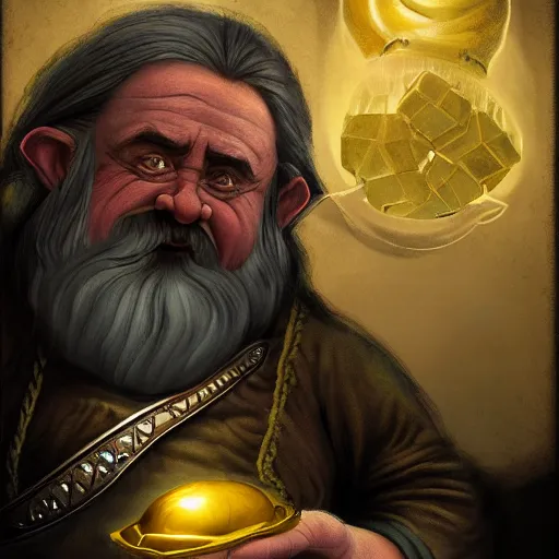 Image similar to portrait of a dwarf showing off the humongous raw gold nugget, realistic, beautiful, fantasy art, dnd, lord of the rings, by eyvind earle, james jean, concept art, sharp focus, ray tracing