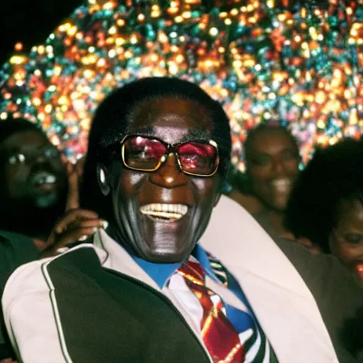 Image similar to A still of Robert Mugabe wearing a disco suit in Saturday Night Fever